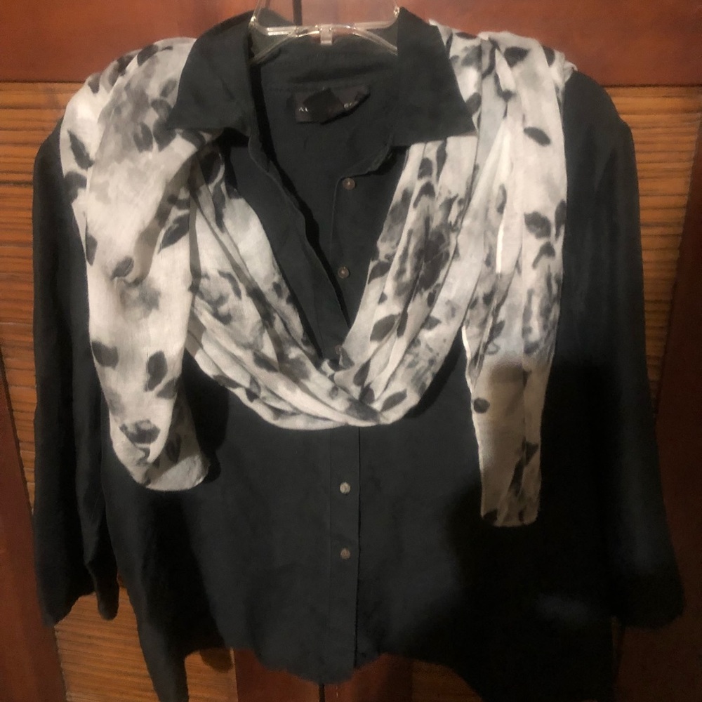 Simple black silk blouse cute with jeans or dress clothes. Scarf sold separate.